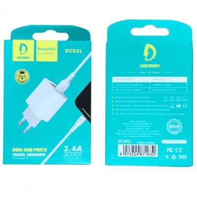 Зарядний пристрій Denmen DC05L + кабель Lightning USB 2.4A Білий 209-00077 фото