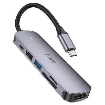USB-хаб HOCO HB28 Type-C multi-function converter(HDTV+USB3.0+USB2.0+SD+TF+PD) Metal Gray 6931474769336 фото