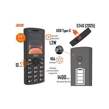 Мобильный телефон 2E E240 2025 Black (794300867202) 794300867202 фото
