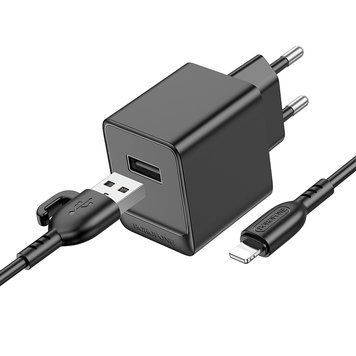 Мережевий зарядний пристрій з кабелем BOROFONE BAS11A Erudite single port charger set(iP) Black 6941991104619 фото