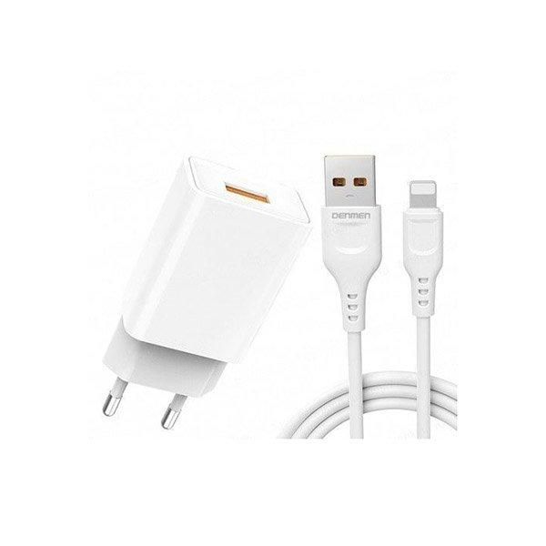 Зарядний пристрій Denmen DC01L 1USB 2.4A + кабель Lightning 1 м Білий 209-00119 фото