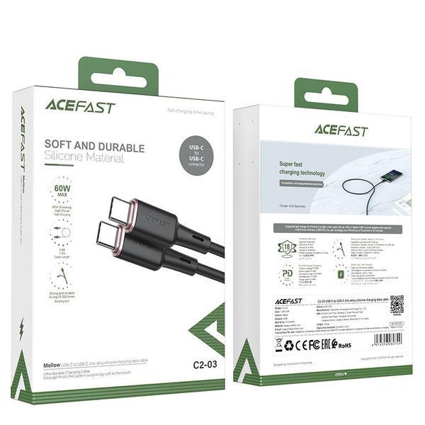 Кабель ACEFAST C2-03 Type-C to Type-C 3A, 60W, 1.2m, silicone, zinc connectors, Black 6974316280729 фото