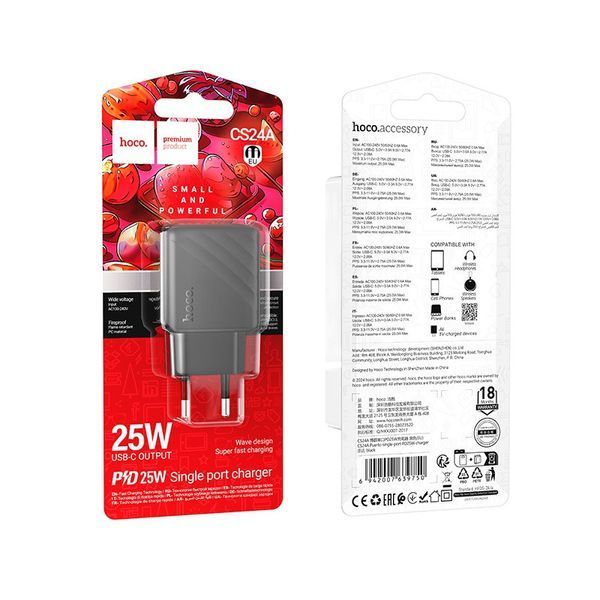 Мережевий зарядний пристрій HOCO CS24A Puerto single-port PD25W charger (EU) Black 6942007639750 фото