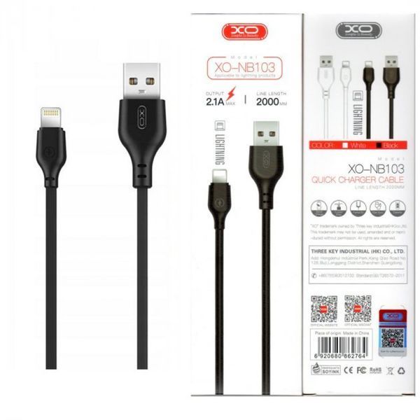 Кабель для зарядки и передачи данных XO-NB103 USB to Lightning Черный 2 м 209-00054 фото