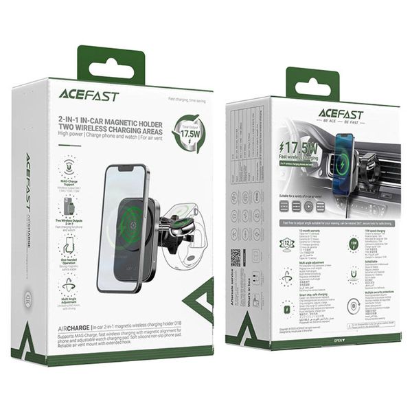 Держатель для мобильного с БЗП ACEFAST D18 in-car 2-in-1 magnetic wireless charging holder Black 656-00513 фото