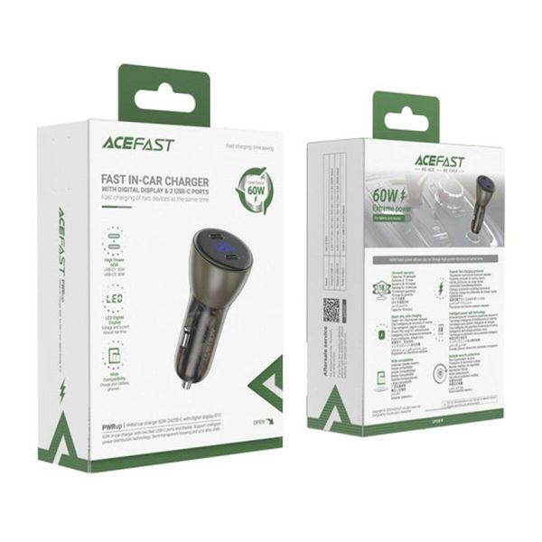 Автомобільний зарядний пристрій ACEFAST B10 metal car charger 60W (USB-C + USB-C) with digital display Black 656-00270 фото