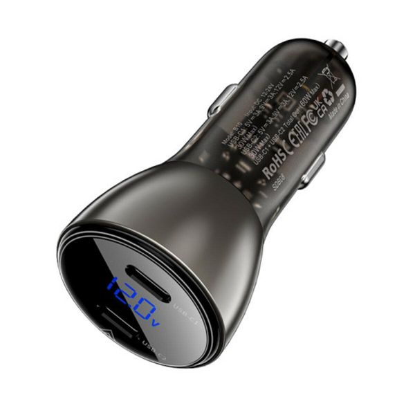 Автомобільний зарядний пристрій ACEFAST B10 metal car charger 60W (USB-C + USB-C) with digital display Black 656-00270 фото