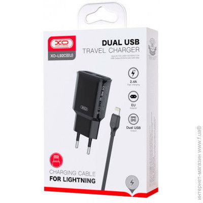 Зарядний пристрій XO L92C+ кабель Lightning USB 2.4A Чорний 209-00076 фото