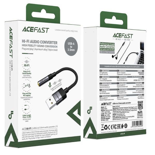 Аудіокабель ACEFAST J13 USB-A to 3.5mm female, nylon braid, 0.15m, Black 6974316285298 фото
