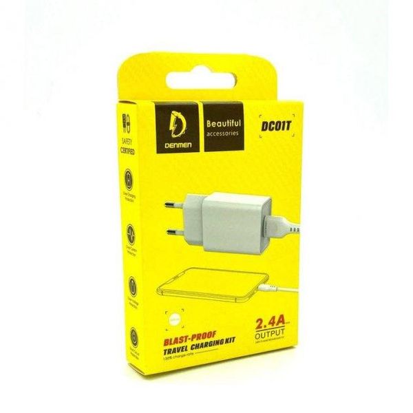 Зарядний пристрій Denmen DC01T 1USB 2.4A + кабель Type-C 1 м Білий 209-00120 фото