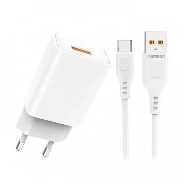 Сетевое зарядное устройство Denmen DC01T  1USB 2.4A +  кабель Type-C 1 м Белый 209-00120 фото