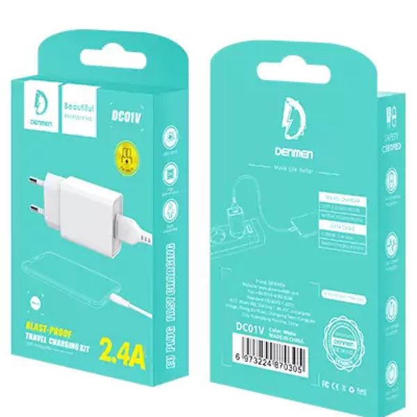 Сетевое зарядное устройство Denmen DC01V + кабель microUSB USB 2.4A Белый 209-00079 фото