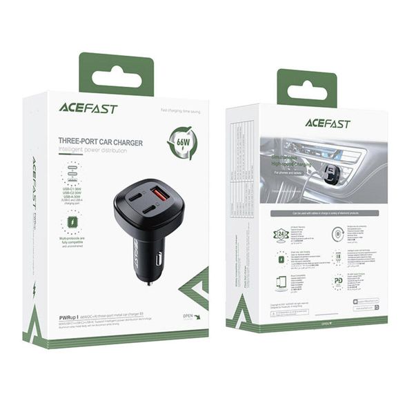 Автомобільний зарядний пристрій ACEFAST B3 66W(USB-C+USB-C+USB-A) three-port metal car charger 656-00271 фото