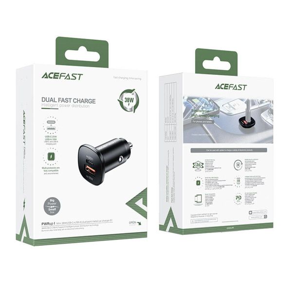 Автомобильное зарядное устройство для ACEFAST B1 mini 38W(USB-C+USB-A) dual-port metal car charger 656-00367 фото