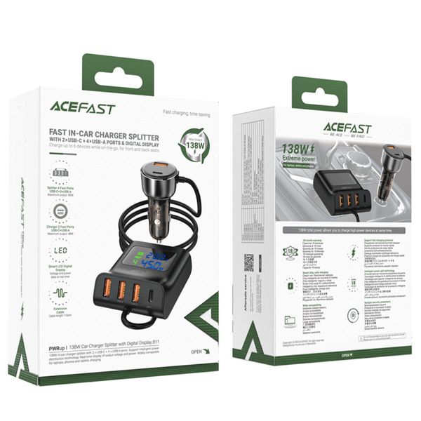 Автомобильное зарядное устройство для ACEFAST B11 138W Car Charger Splitter with Digital Display Black 656-00368 фото