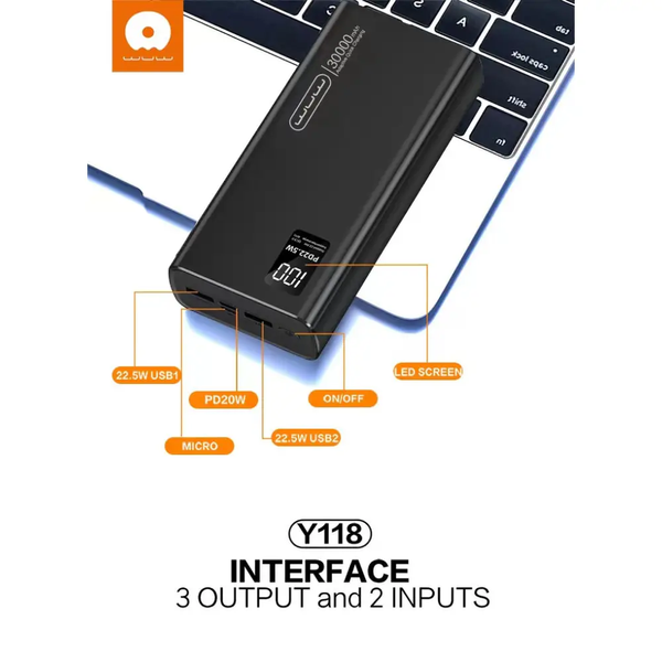 Павербанк с быстрой зарядкой 30000mAh WUW Y118 |2USB/Type-C Черный 216-00048 фото