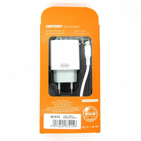 Зарядний пристрій Denmen DC07L QC3.0 18W 1USB 3.6A + кабель Lightning 1 м Білий 209-00108 фото